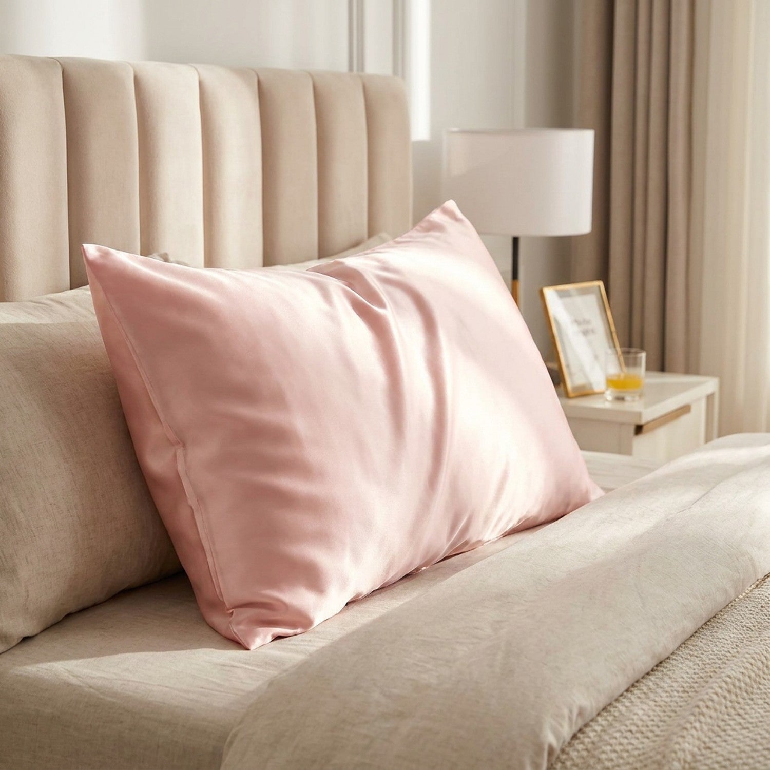 Taie d'oreiller en satin effet soie rose poudré posée sur un lit