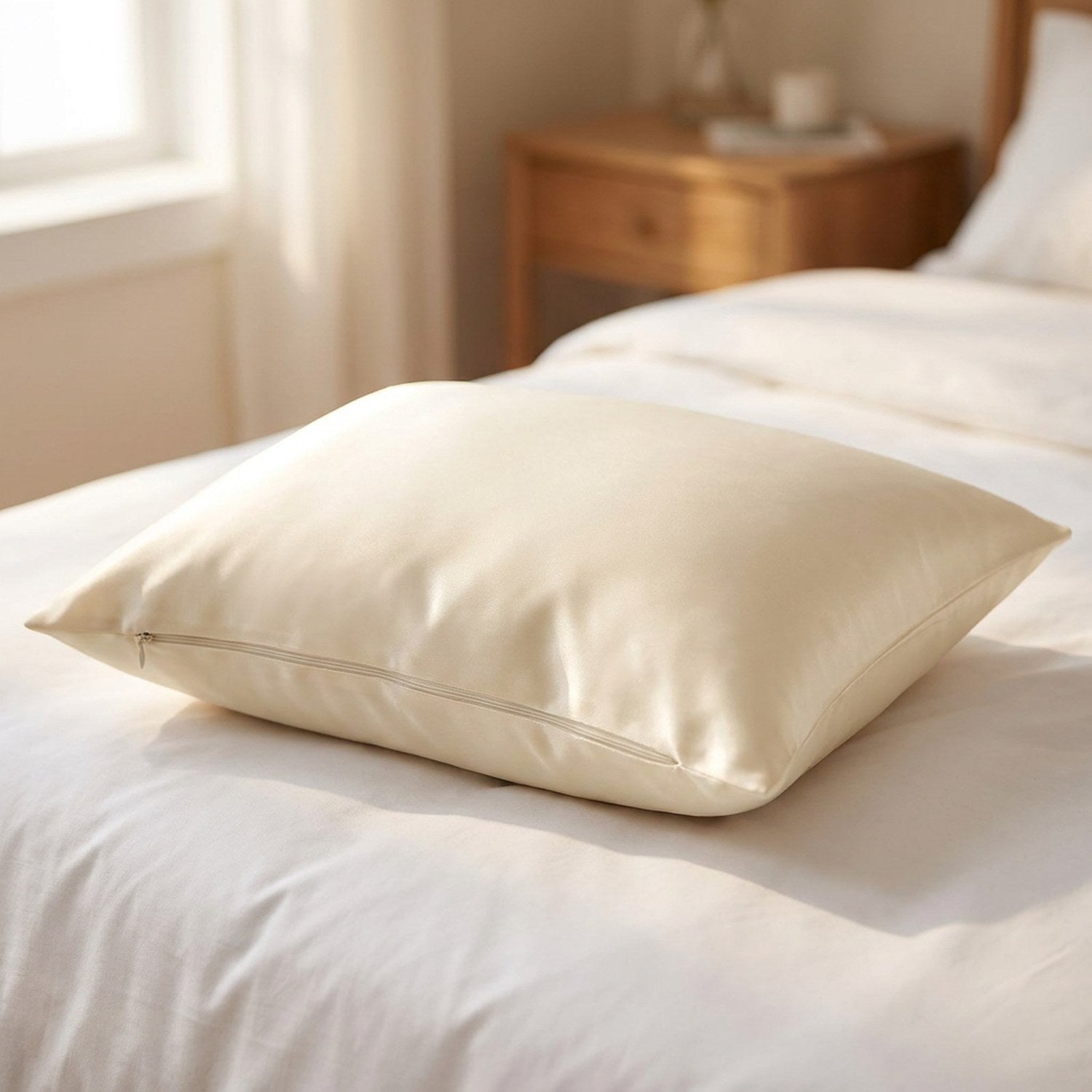 Taie d'oreiller en satin beige crème soyeux avec fermeture éclair sur un lit