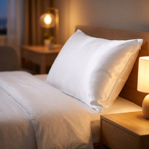 Taie d'oreiller en satin blanc sur un lit dans une chambre chaleureuse au chevet allumé