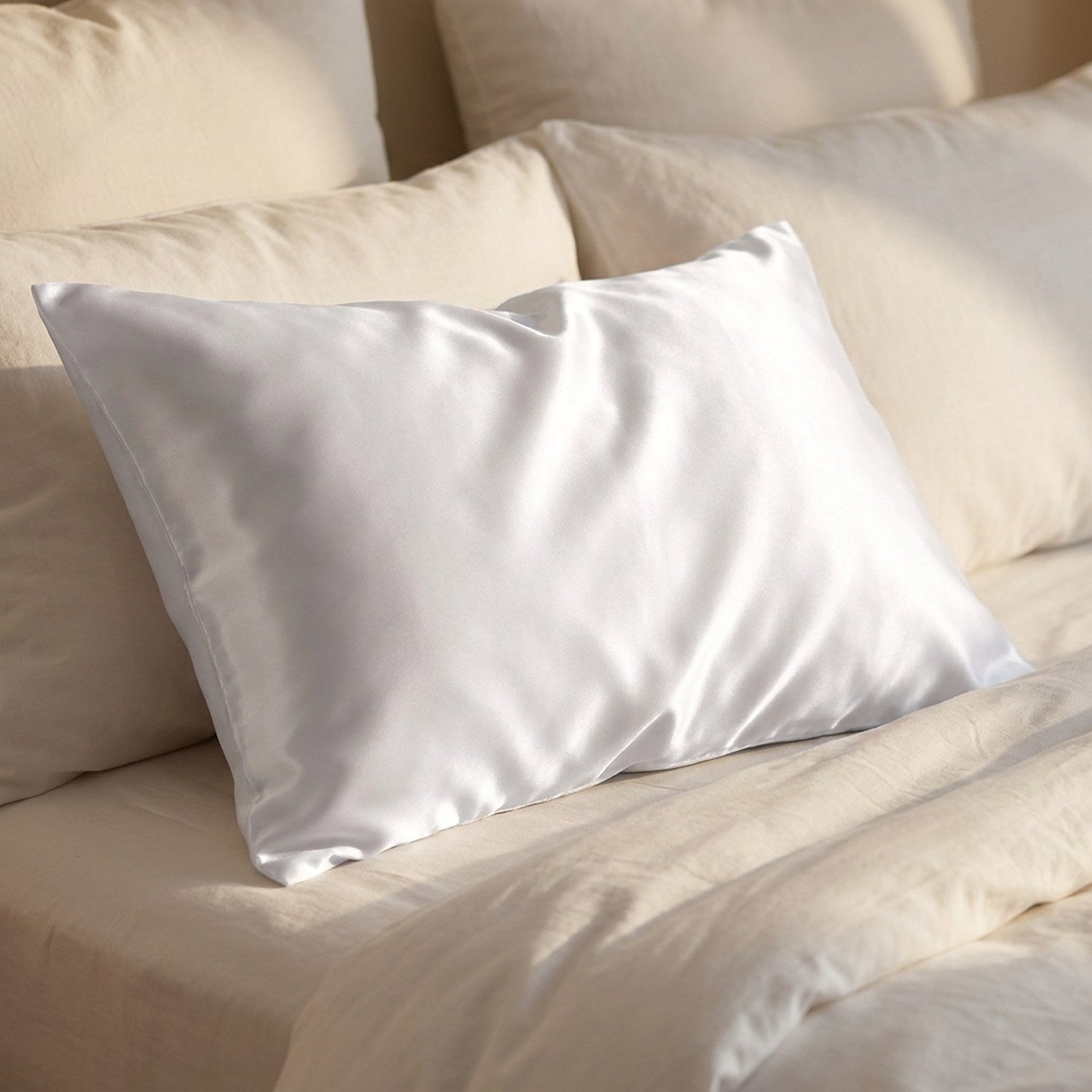Gros plan sur le satin soyeux blanc respirant de la taie d'oreiller