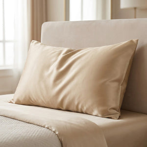 Taie d'oreiller en soie naturelle beige posée sur un lit