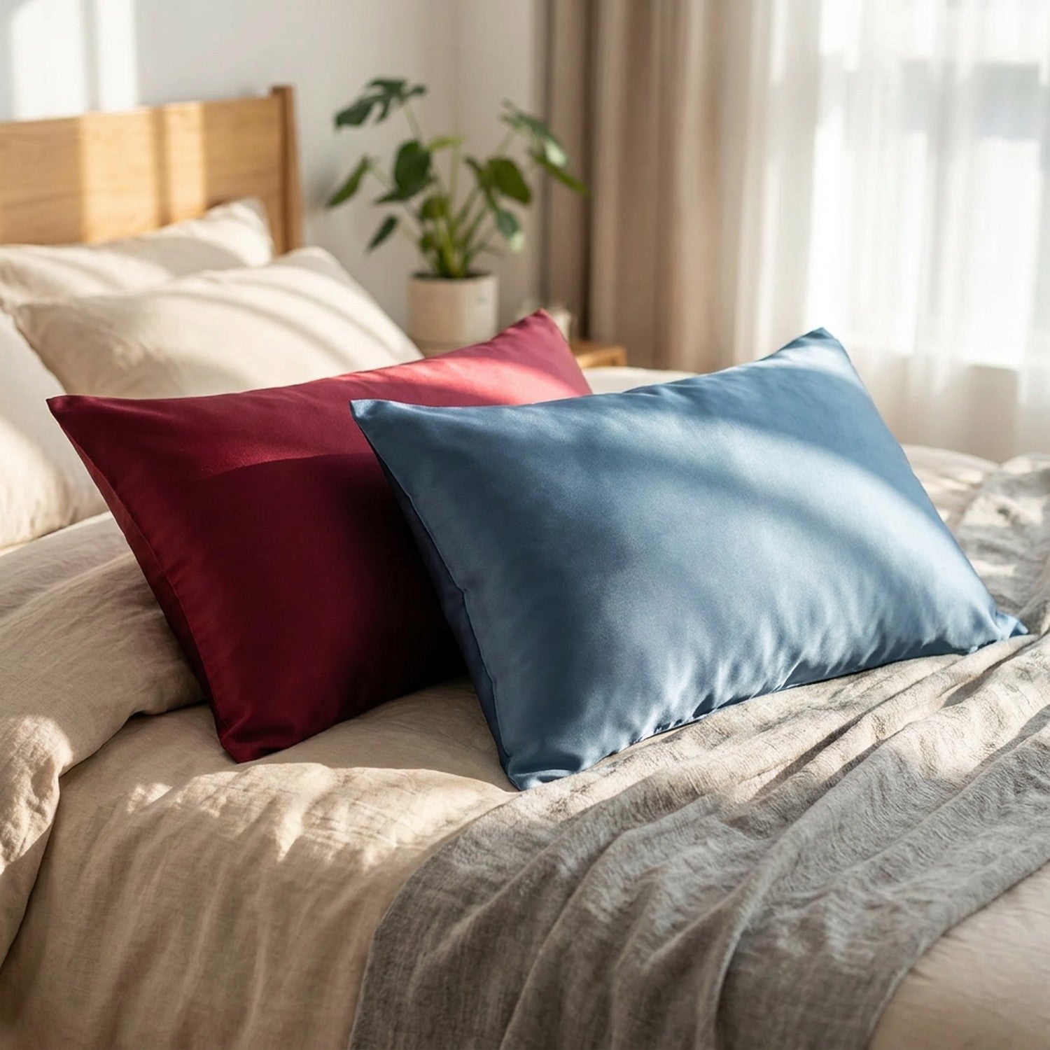 Taies d'oreiller en soie grenat et bleue sur un lit cocooning