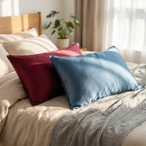 Taies d'oreiller en soie grenat et bleue sur un lit cocooning
