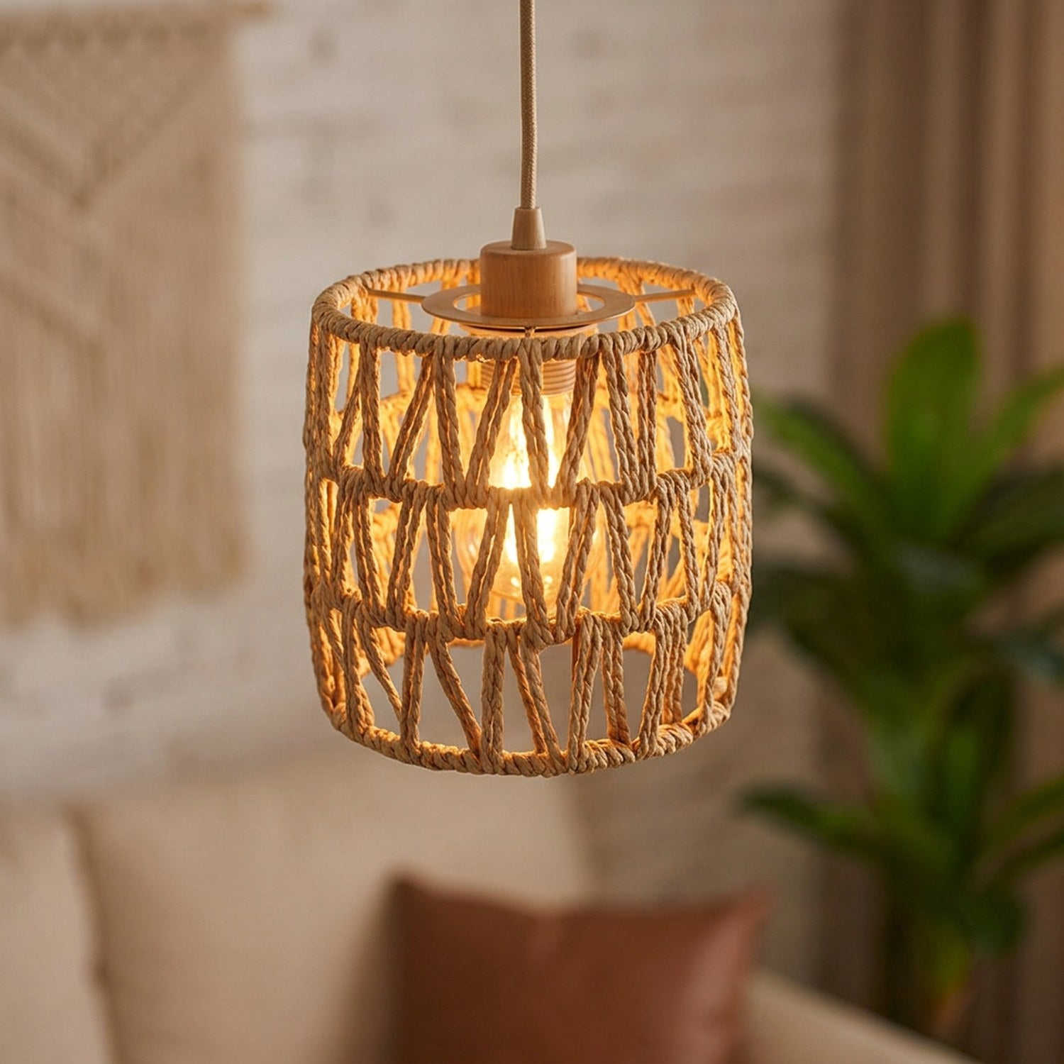 Abat-jour suspension modèle tambour en fibre tressée beige aspect rotin