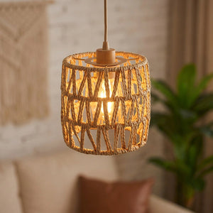 Abat-jour suspension modèle tambour en fibre tressée beige aspect rotin