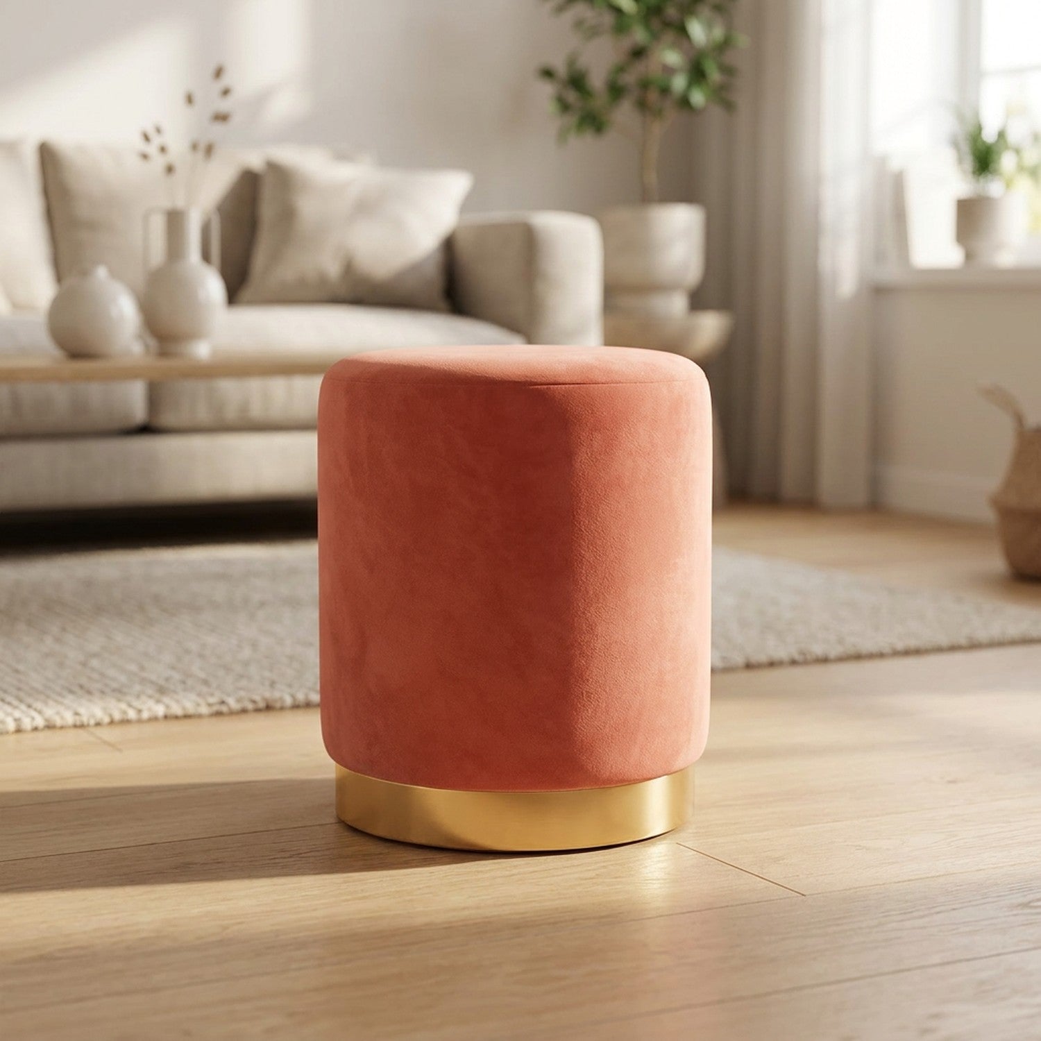 Tabouret rond en velours terracotta avec socle doré