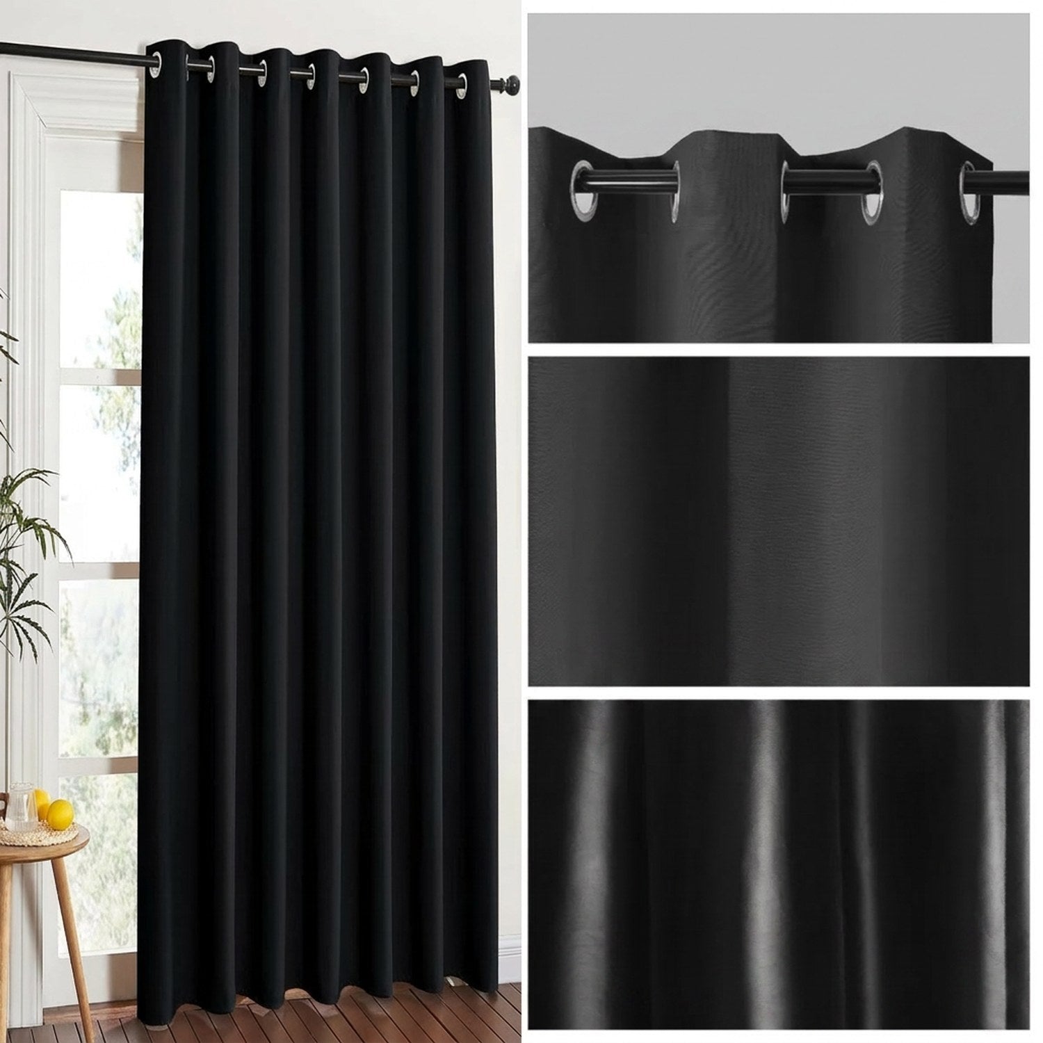 Détail de la texture tissée et des œillets du rideau occultant noir
