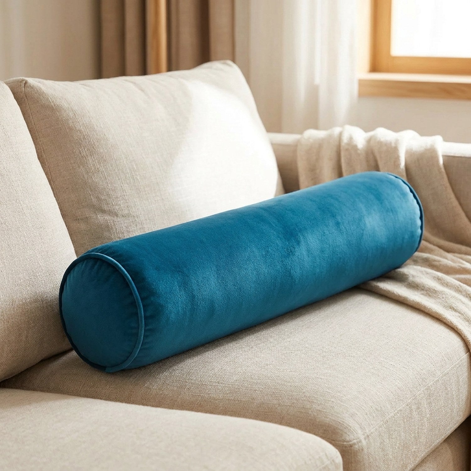 Traversin cylindrique en velours bleu sur un canapé beige