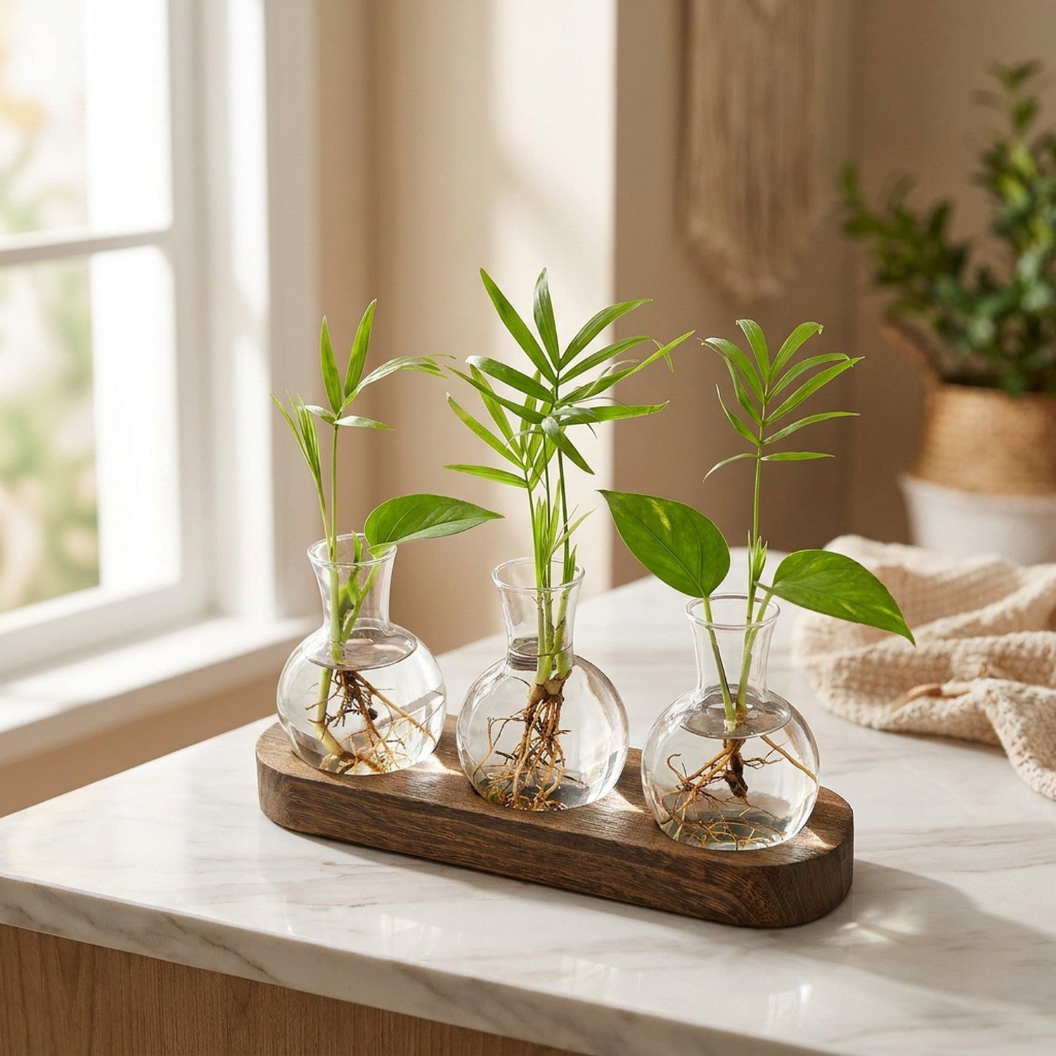 Station de bouturage de trois vases en verre sur plateau en bois