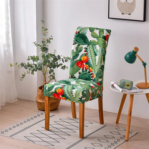 Housse de chaise imprimée feuilles exotiques et fleurs rouges sur fond sombre