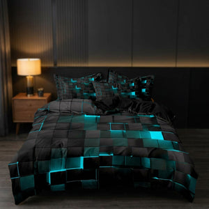 Parure de lit au motif géométrique 3D à cubes turquoise lumineux sur un lit