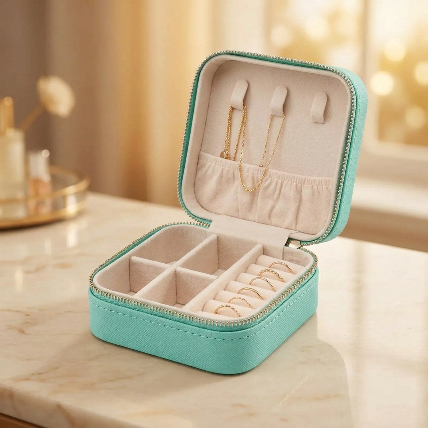 Boîte à bijoux de voyage en cuir turquoise ouverte avec ses rangements