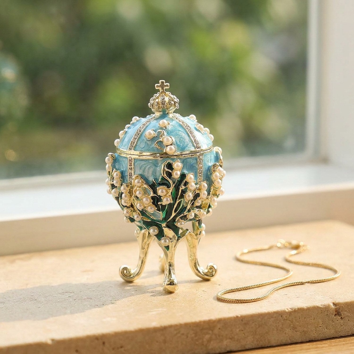 Boîte à bijoux ancienne en forme d'œuf émaillé turquoise avec perles et couronne