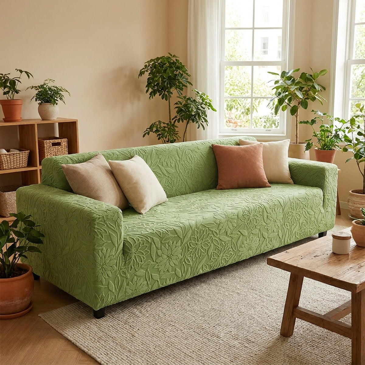 Housse de canapé jacquard vert extensible dans un salon lumineux avec plantes