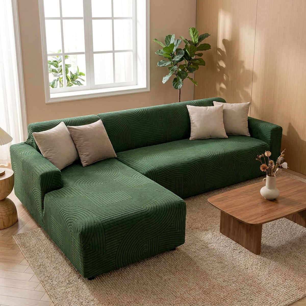 Housse de canapé d angle velours vert foncé en situation salon