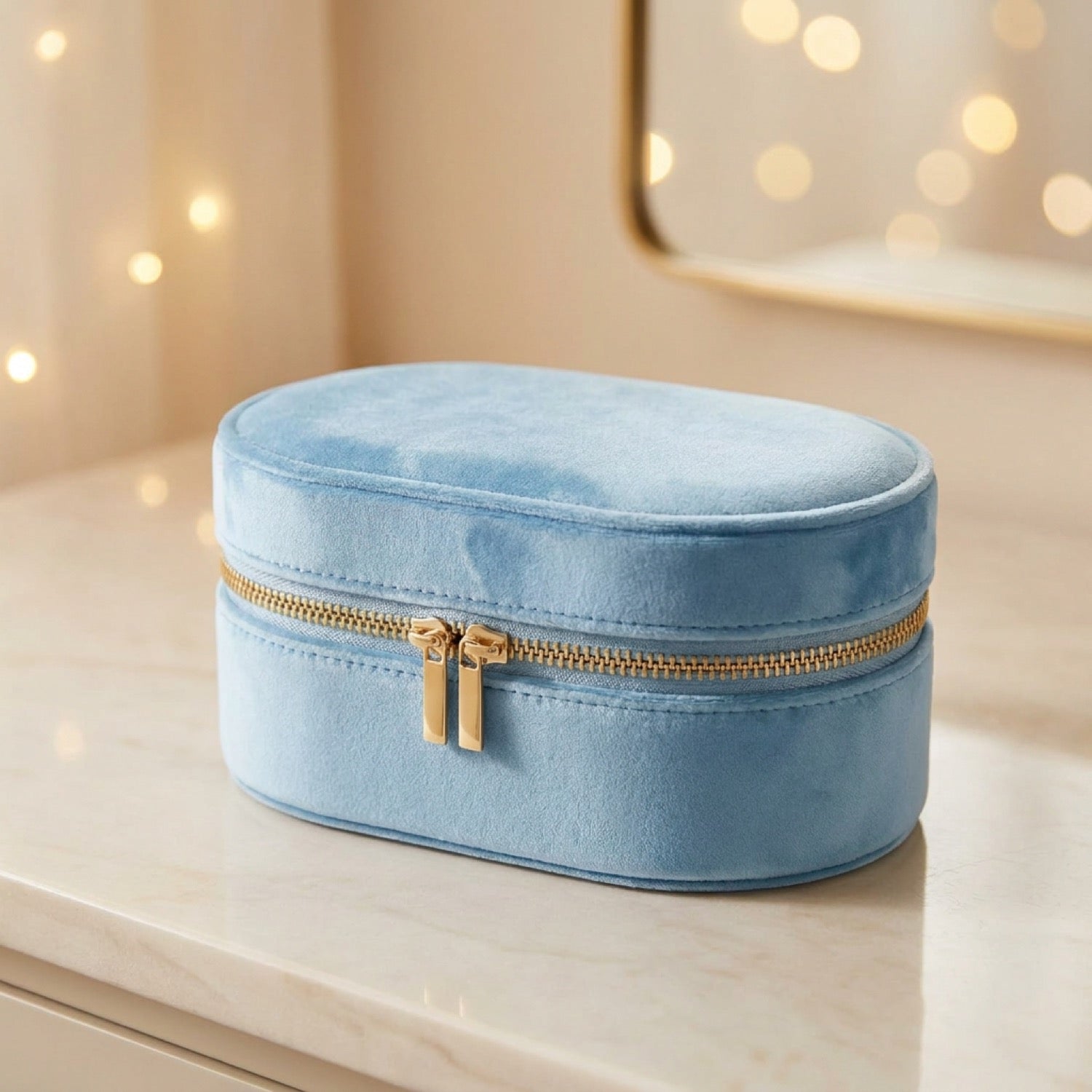 Boîte à bijoux en velours bleu ciel au format ovale compact