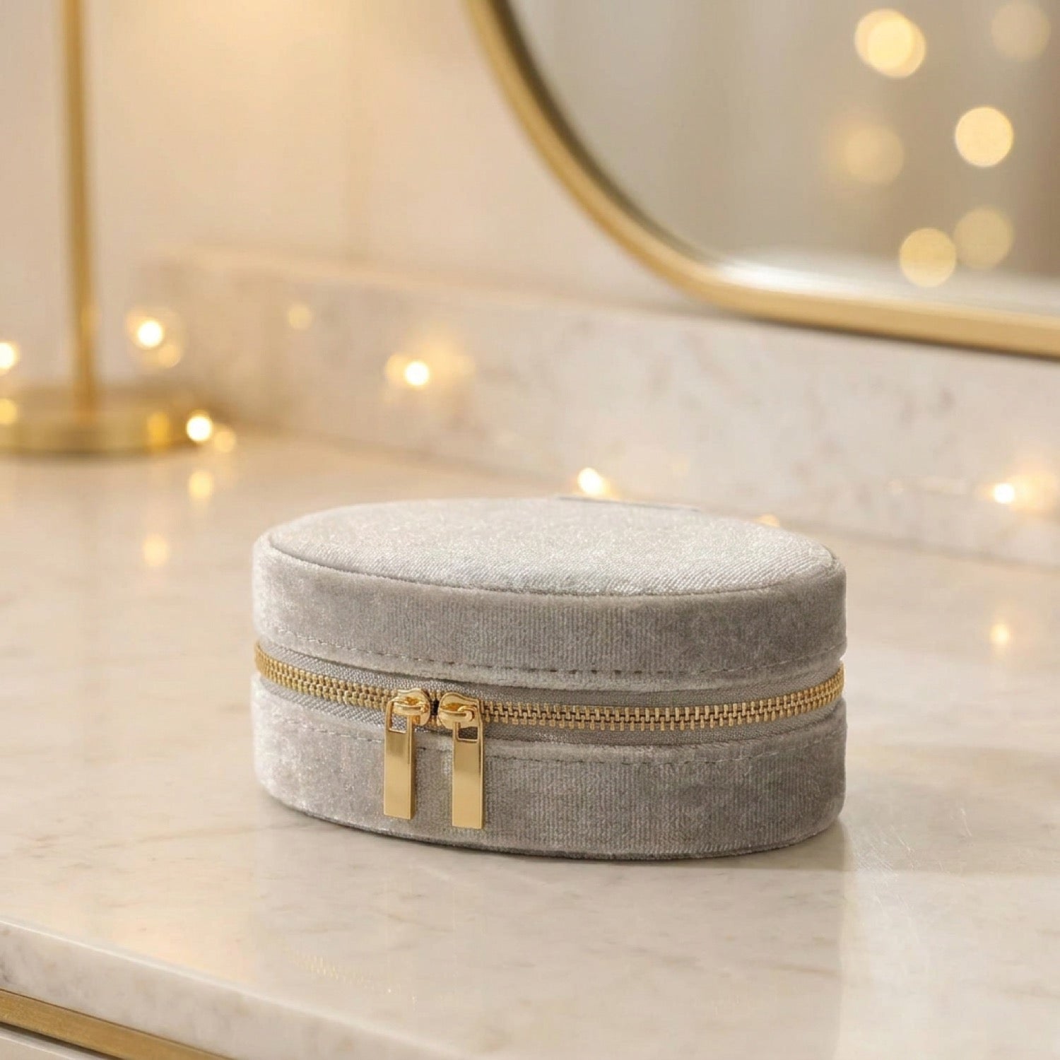 Boîte à bijoux en velours gris au format ovale compact