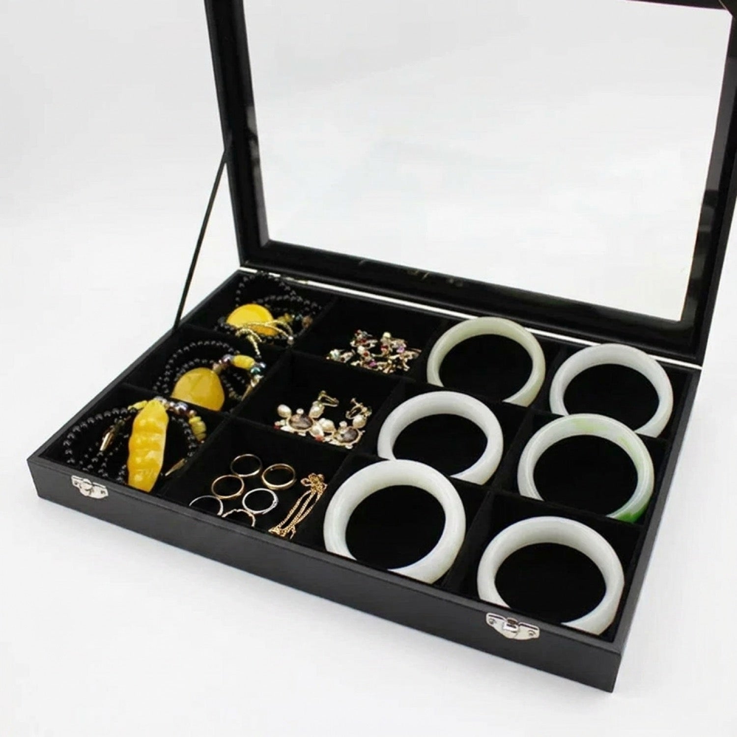 Boîte à bijoux 12 compartiments velours ouverte bagues colliers boucles