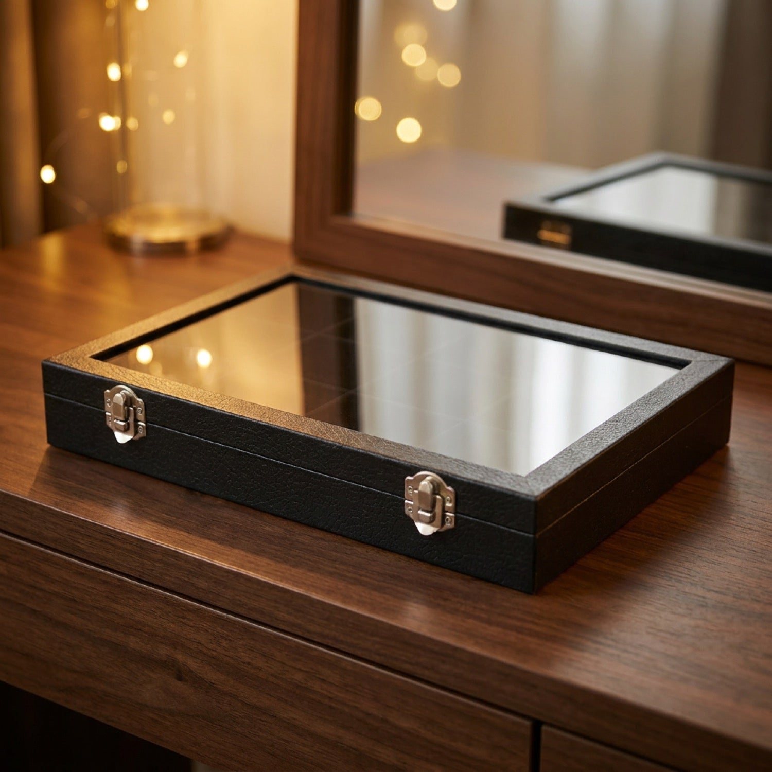 Boîte à bijoux noire couvercle en verre velours organisateur sur vanité en bois