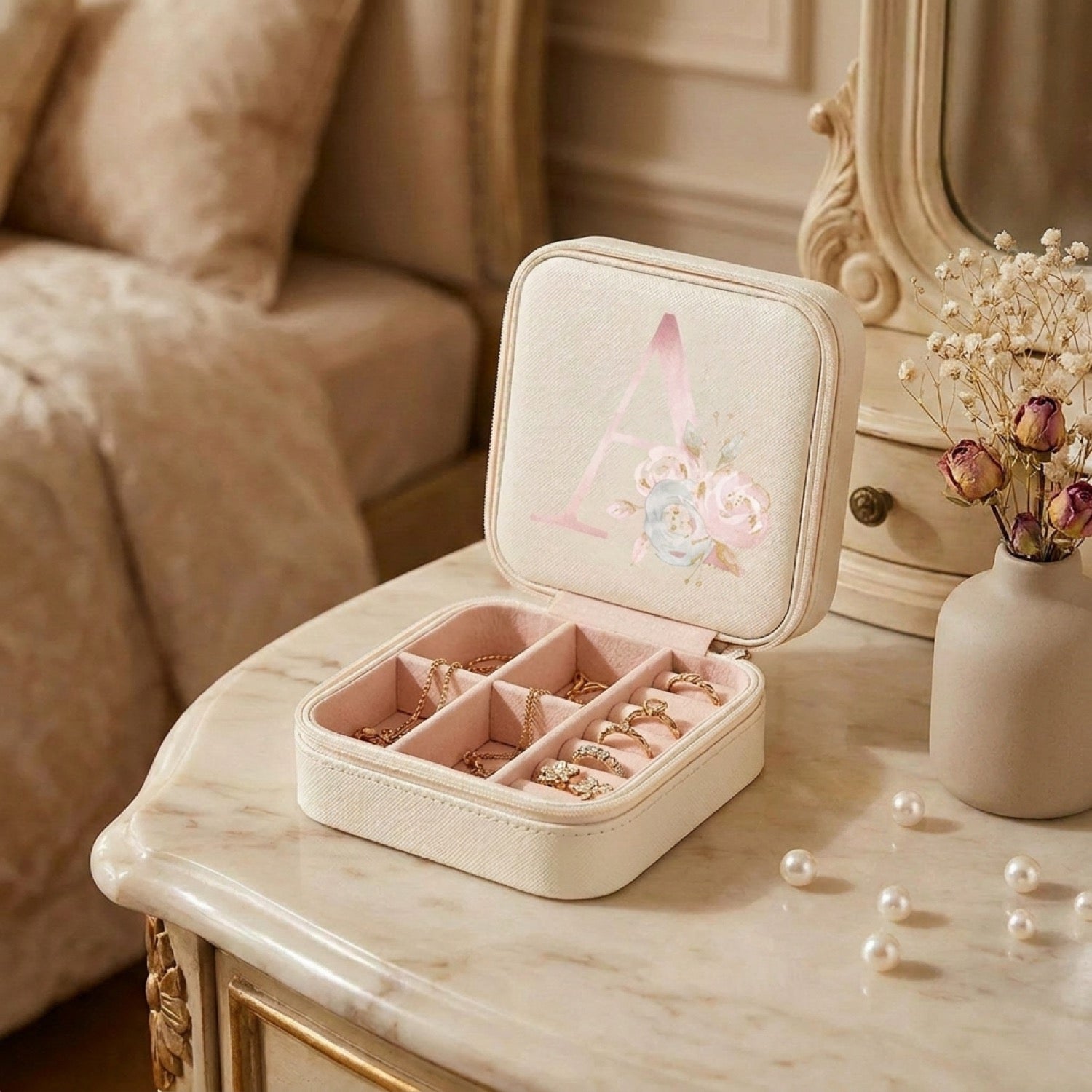Boîte à bijoux ouverte sur une coiffeuse en marbre avec un vase de fleurs séchées et des perles