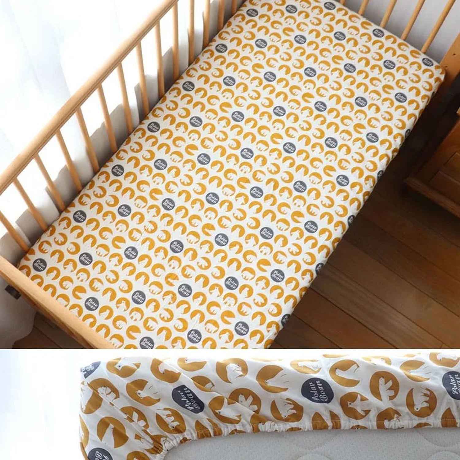 Drap housse bébé motif ours polaires dorés sur médaillons