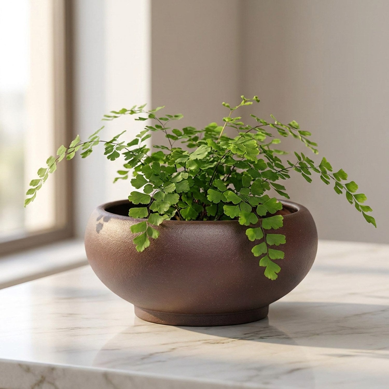 Pot bonsaï coupe marron en grès rouge avec fougère