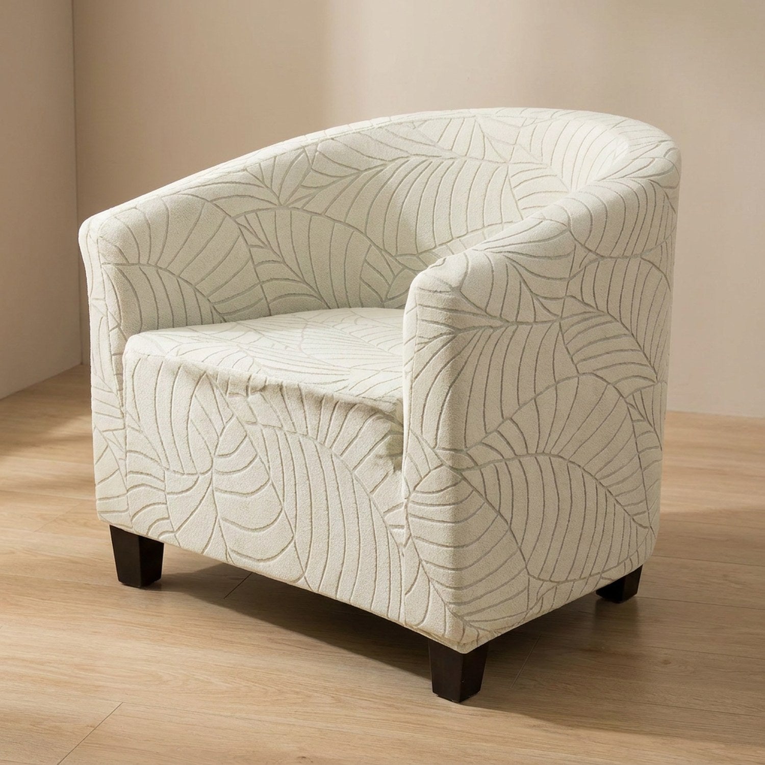 Fauteuil club avec housse crème à motif feuilles jacquard