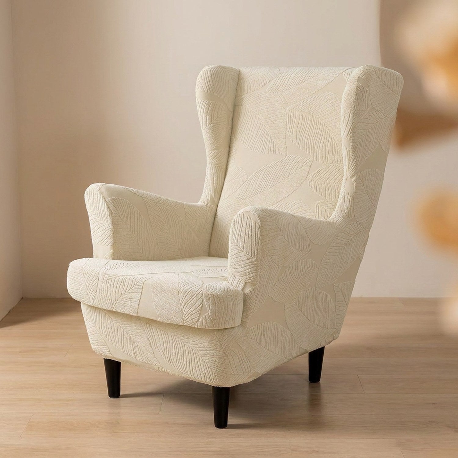 Fauteuil bergère avec housse crème à motif feuilles jacquard