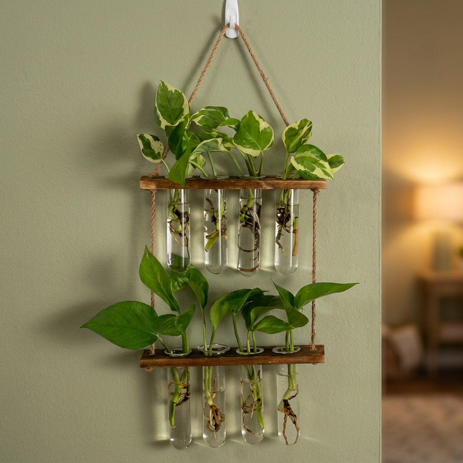 Vase mural deux étages en bois foncé avec tubes en verre et boutures