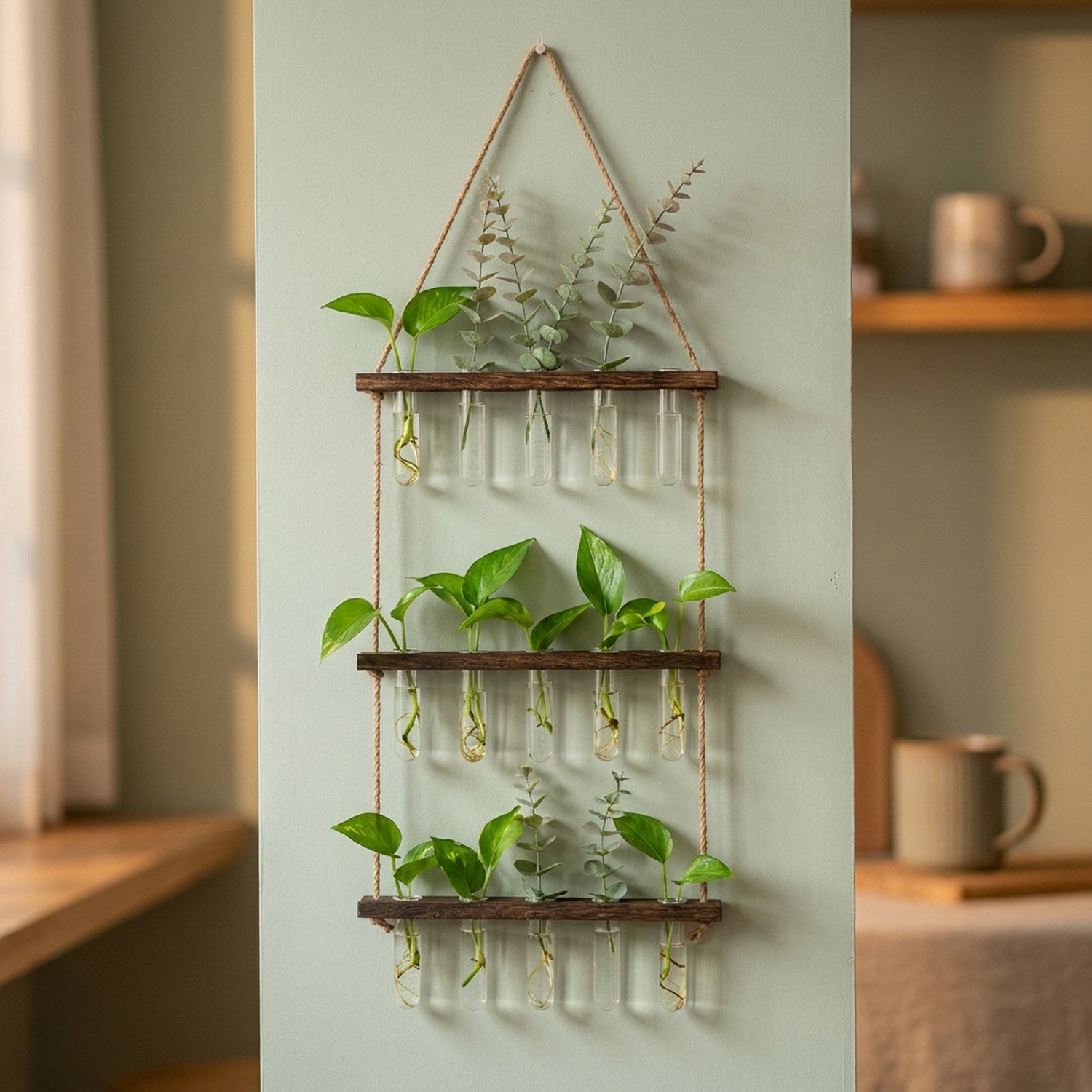Vase mural trois étages en bois foncé avec tubes en verre et boutures
