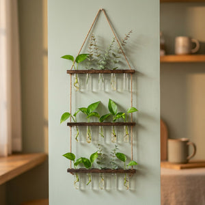 Vase mural trois étages en bois foncé avec tubes en verre et boutures
