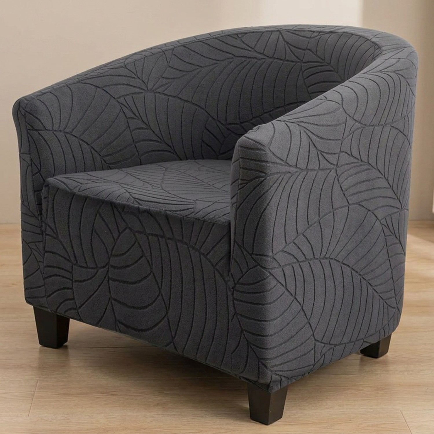 Fauteuil club avec housse gris foncé à motif feuilles jacquard