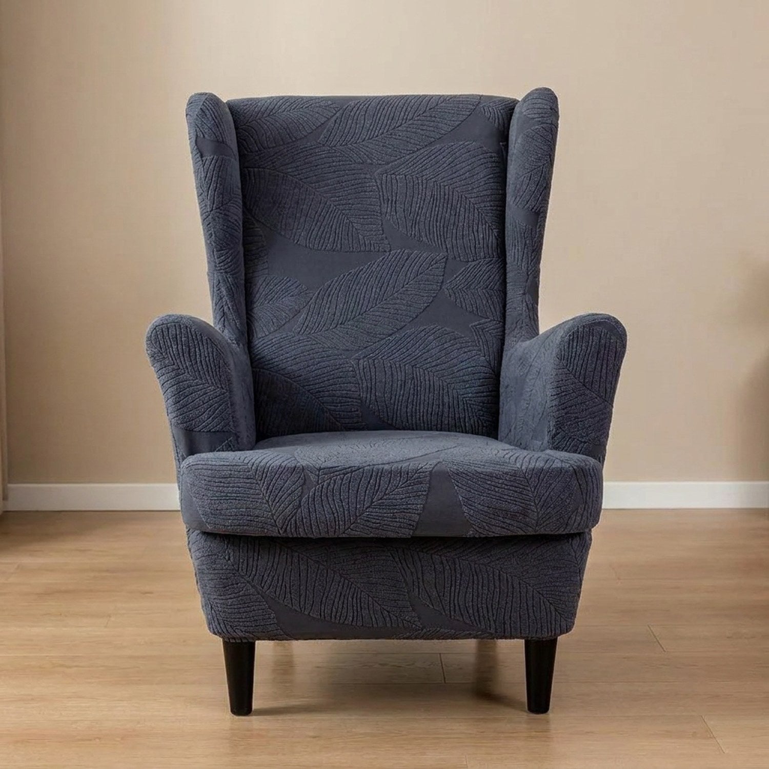 Fauteuil bergère avec housse gris foncé à motif feuilles jacquard