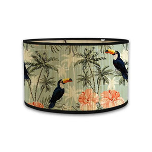 Abat-jour tambour bambou motif oiseaux coloris kaki