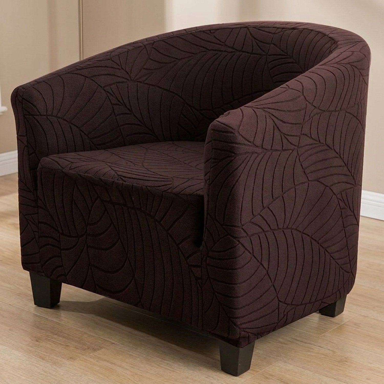 Fauteuil club avec housse marron à motif feuilles jacquard