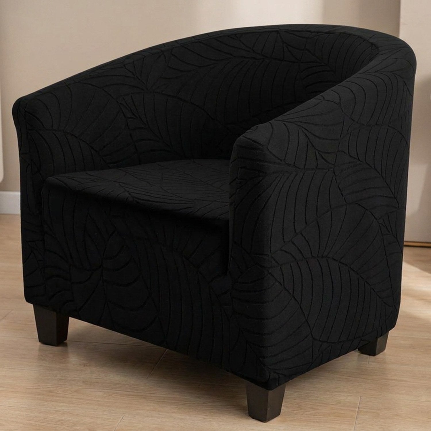 Fauteuil club avec housse noire à motif feuilles jacquard