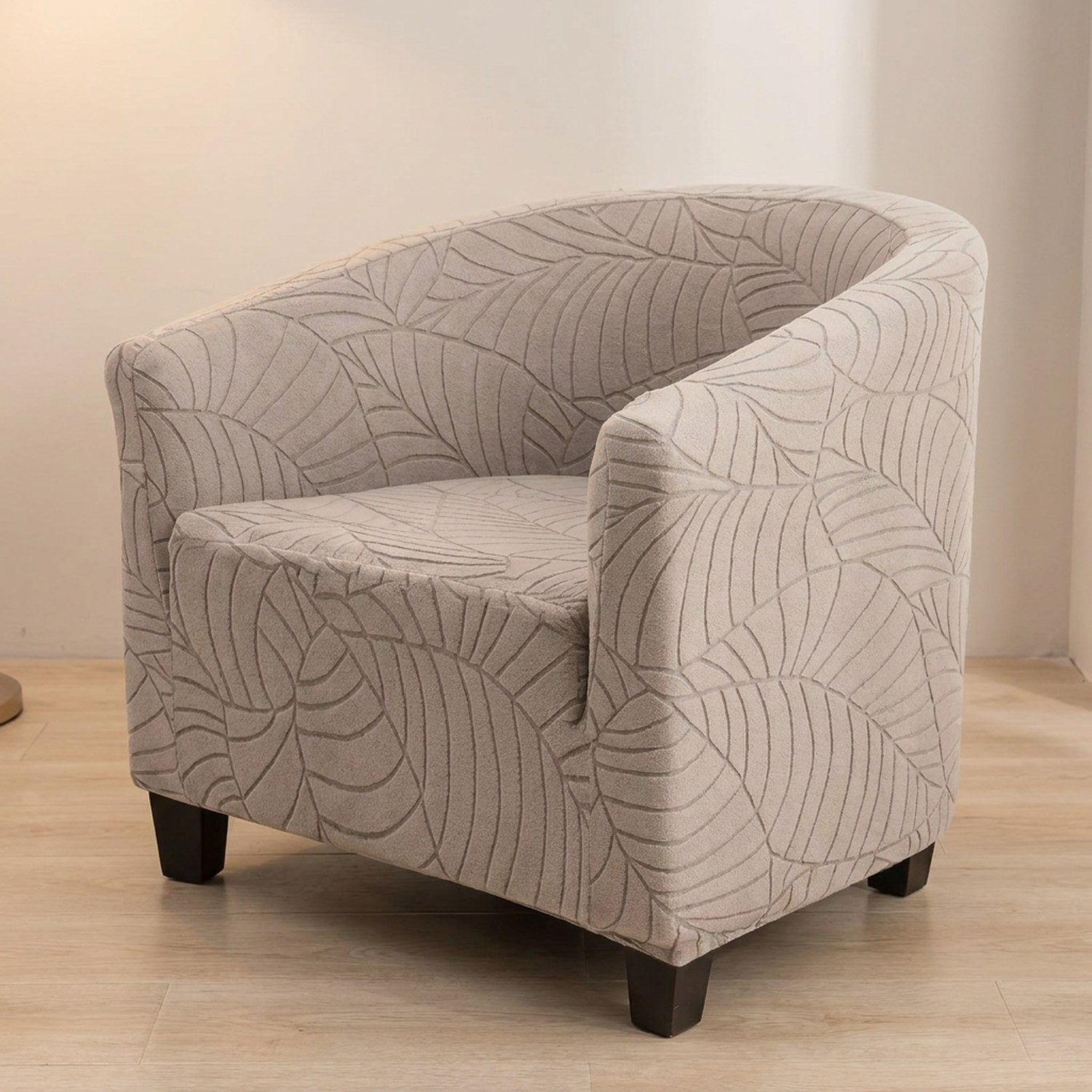 Fauteuil club avec housse taupe à motif feuilles jacquard