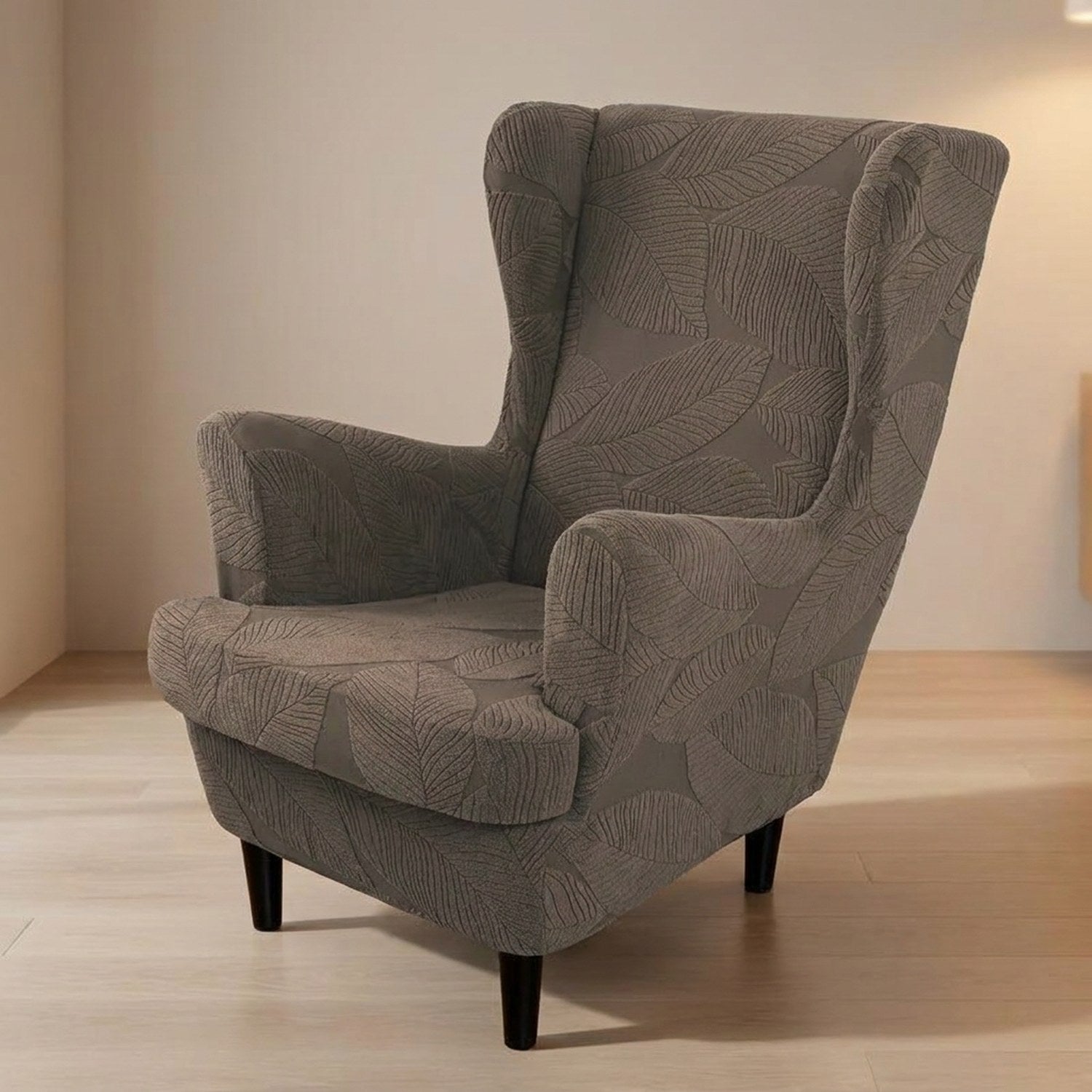 Fauteuil bergère avec housse taupe à motif feuilles jacquard