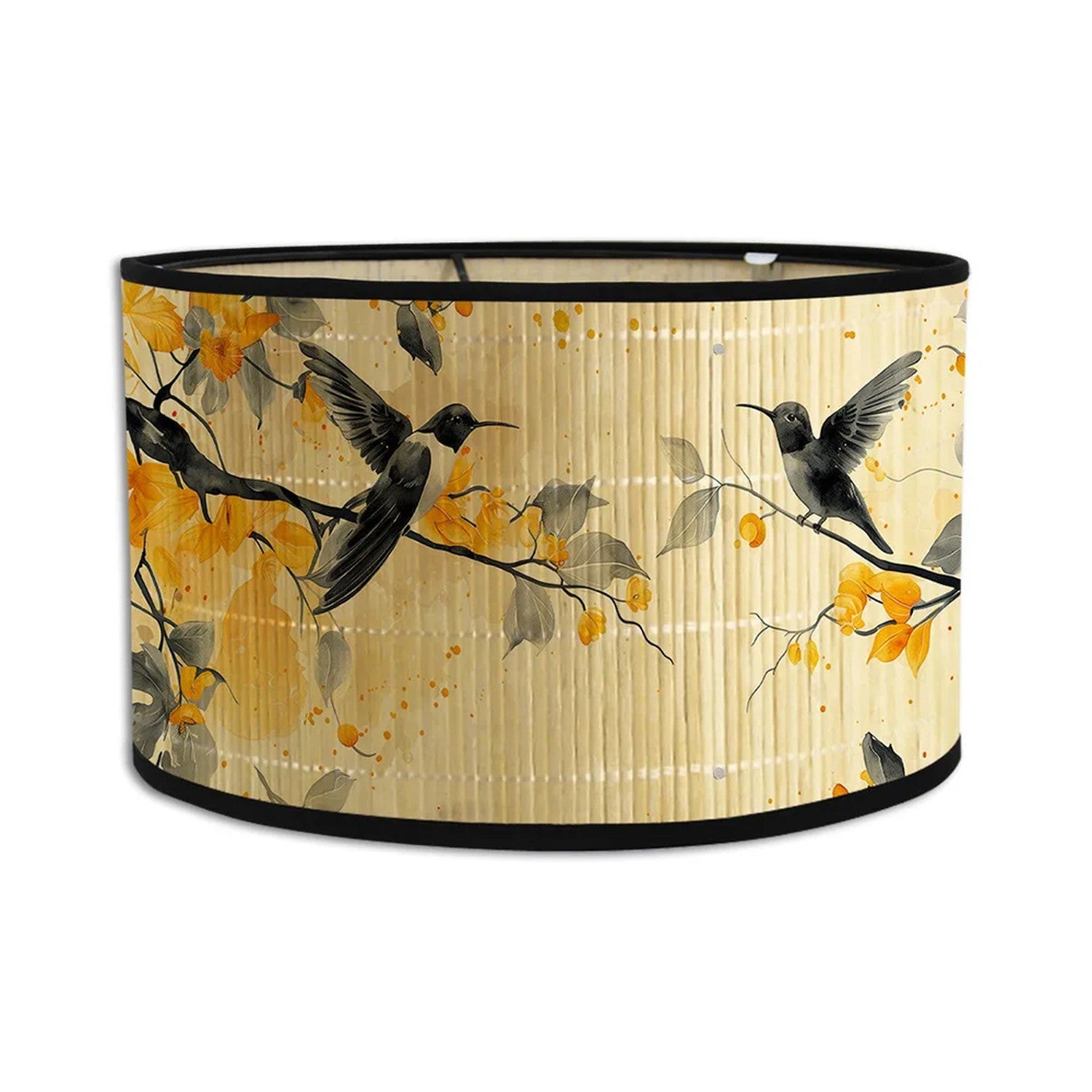 Abat-jour tambour bambou motif oiseaux coloris vert forêt