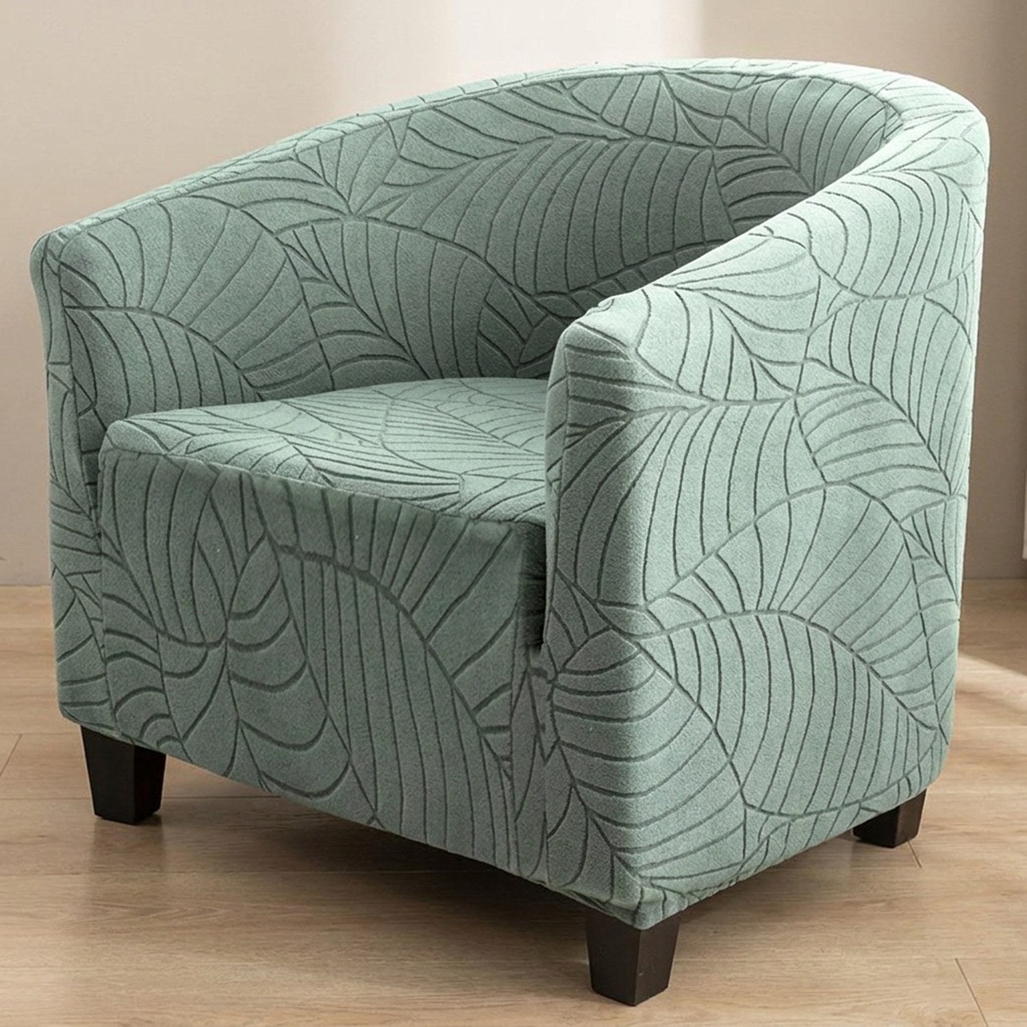 Fauteuil club avec housse vert sauge à motif feuilles jacquard