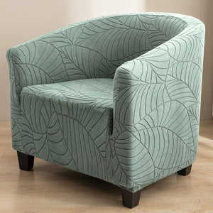 Fauteuil club avec housse vert sauge à motif feuilles jacquard