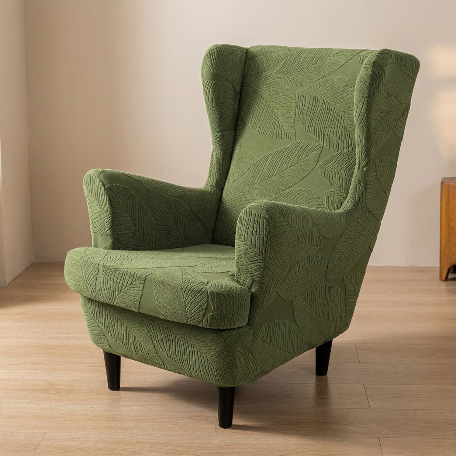 Fauteuil bergère avec housse vert foncé à motif feuilles jacquard