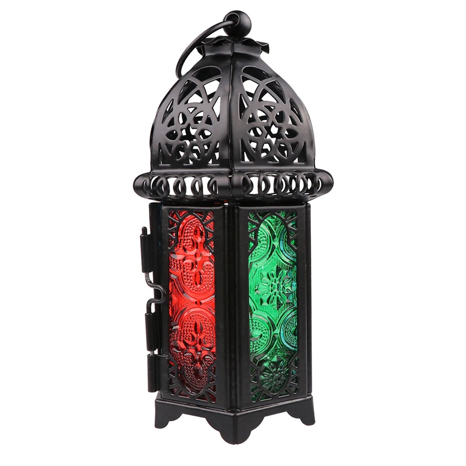 Lanterne marocaine Noire Verre coloré rouge vert métal ajouré