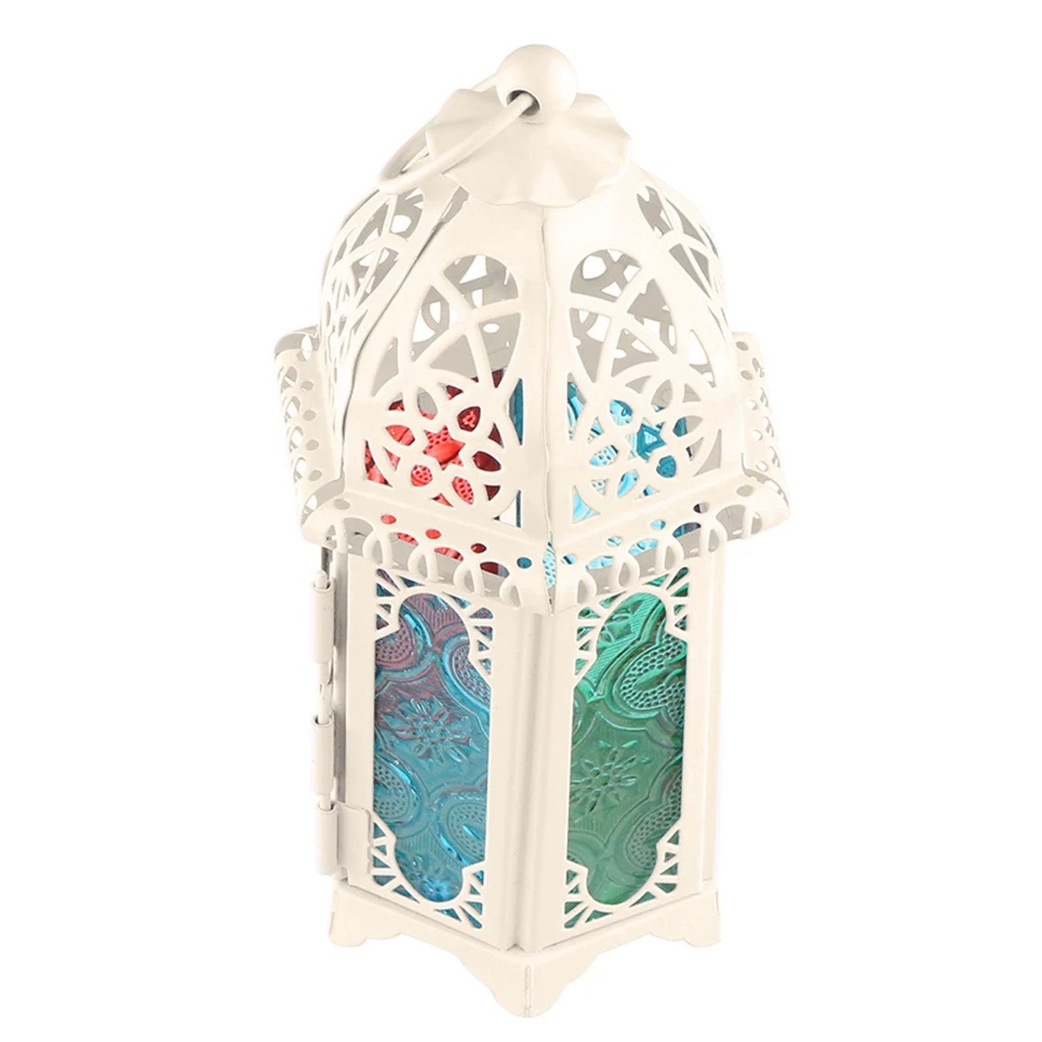 Lanterne marocaine Blanche Verre coloré rouge vert métal ajouré