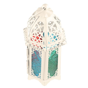 Lanterne marocaine Blanche Verre coloré rouge vert métal ajouré