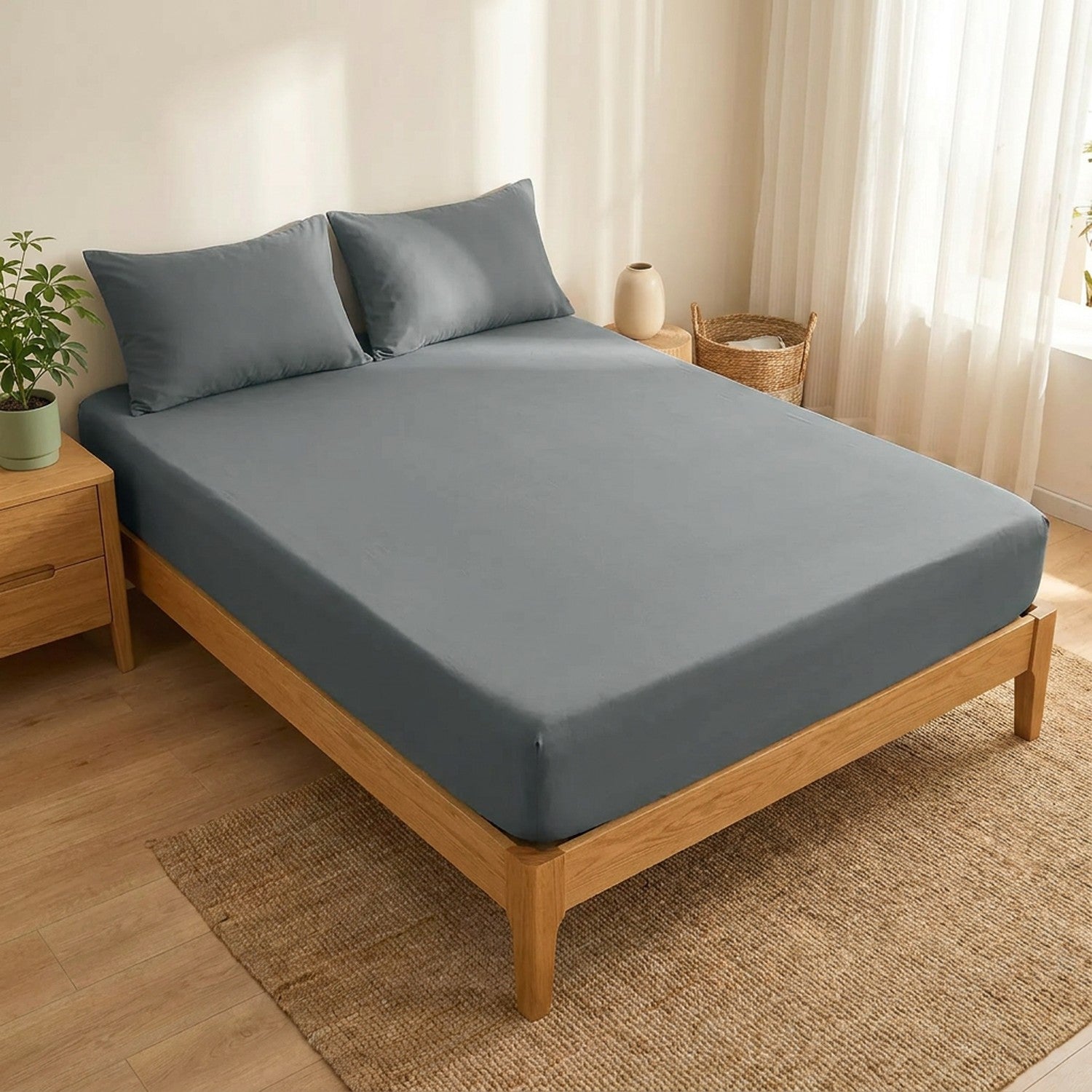 Drap-housse gris extensible posé sur un lit dans une chambre lumineuse et chaleureuse
