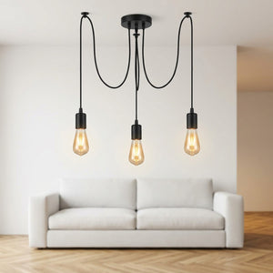 Suspension araignée 3 têtes Edison métal noir salon blanc minimaliste