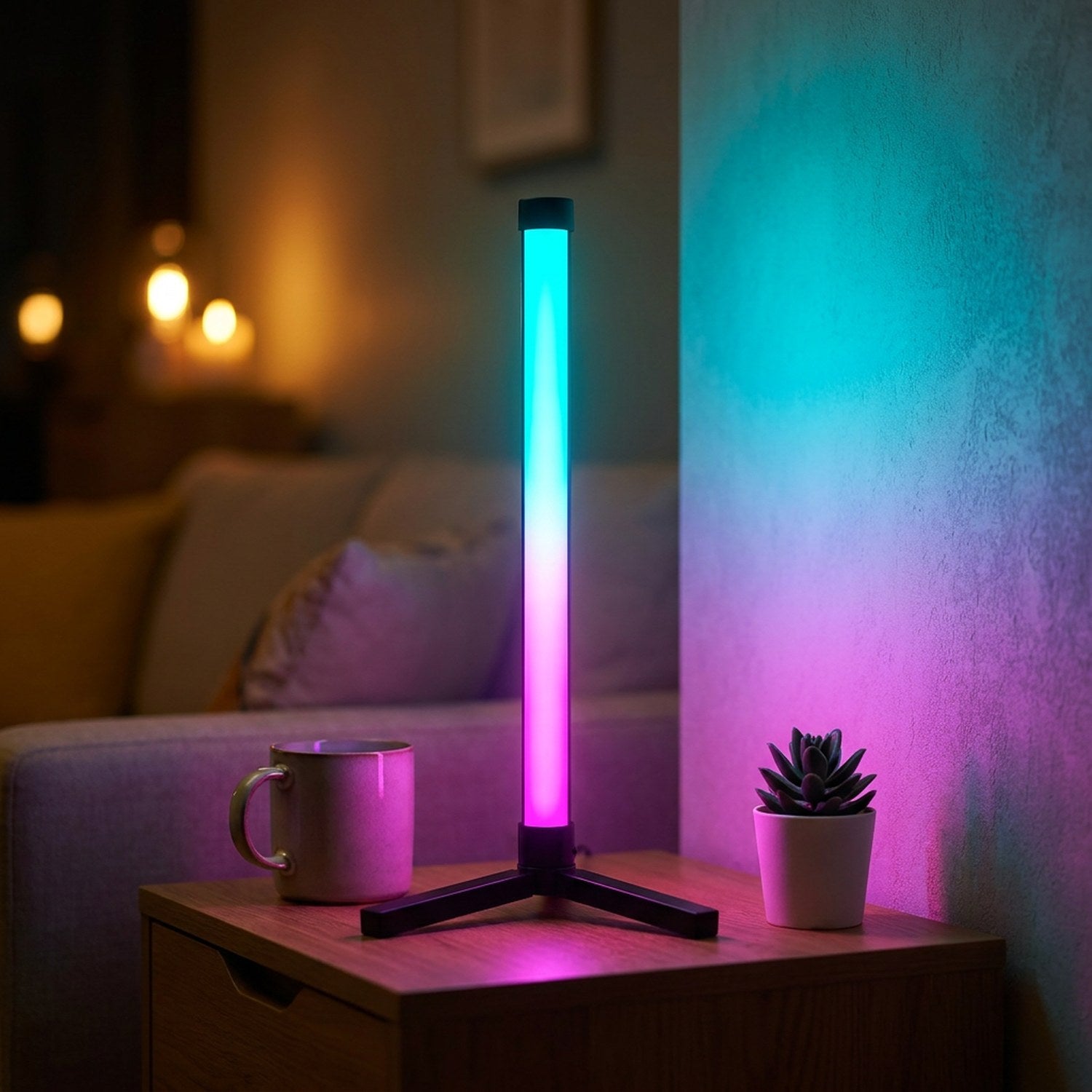Lampadaire LED RGB version 40 cm posé sur une table d'appoint