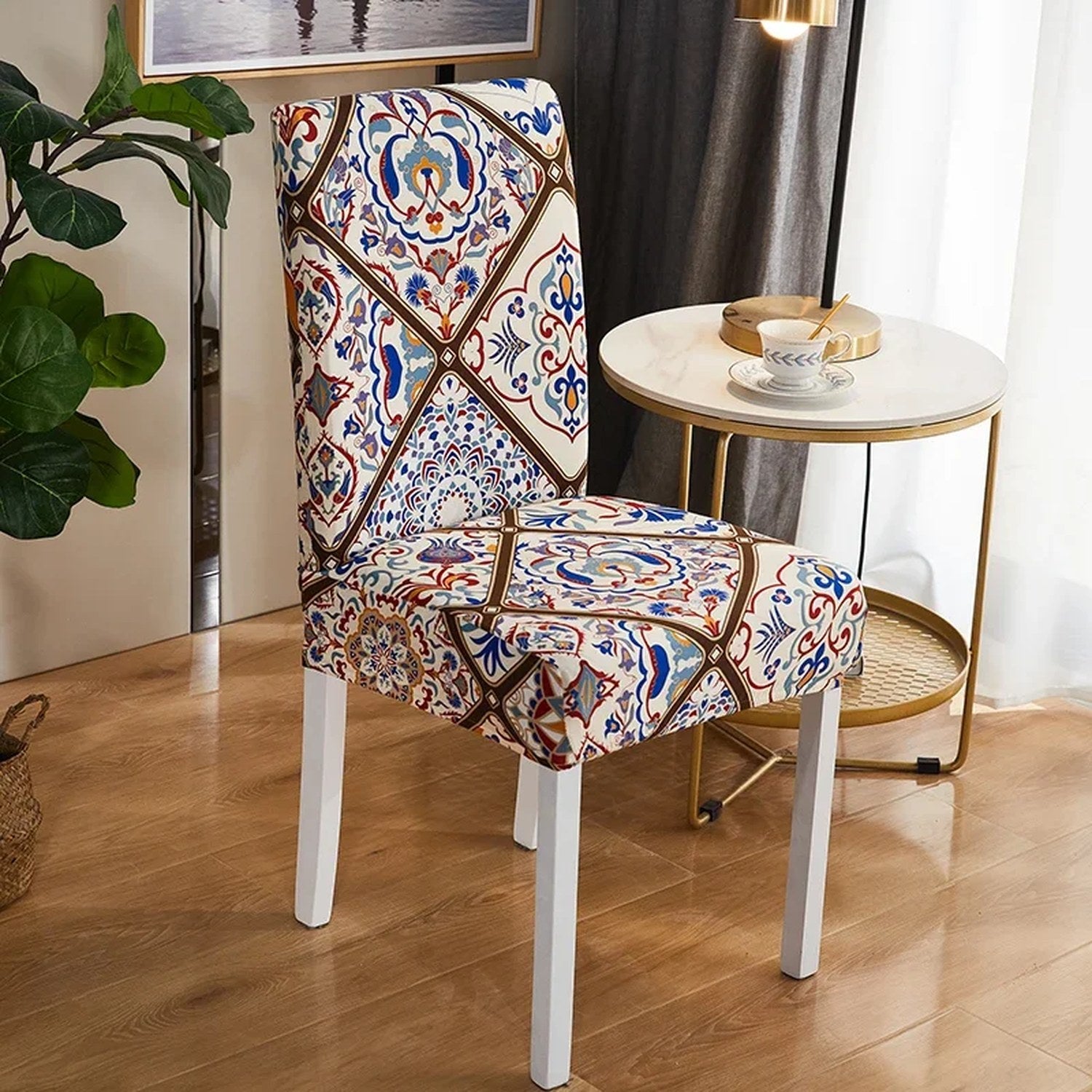 Housse de chaise imprimée carreaux bleus méditerranéens