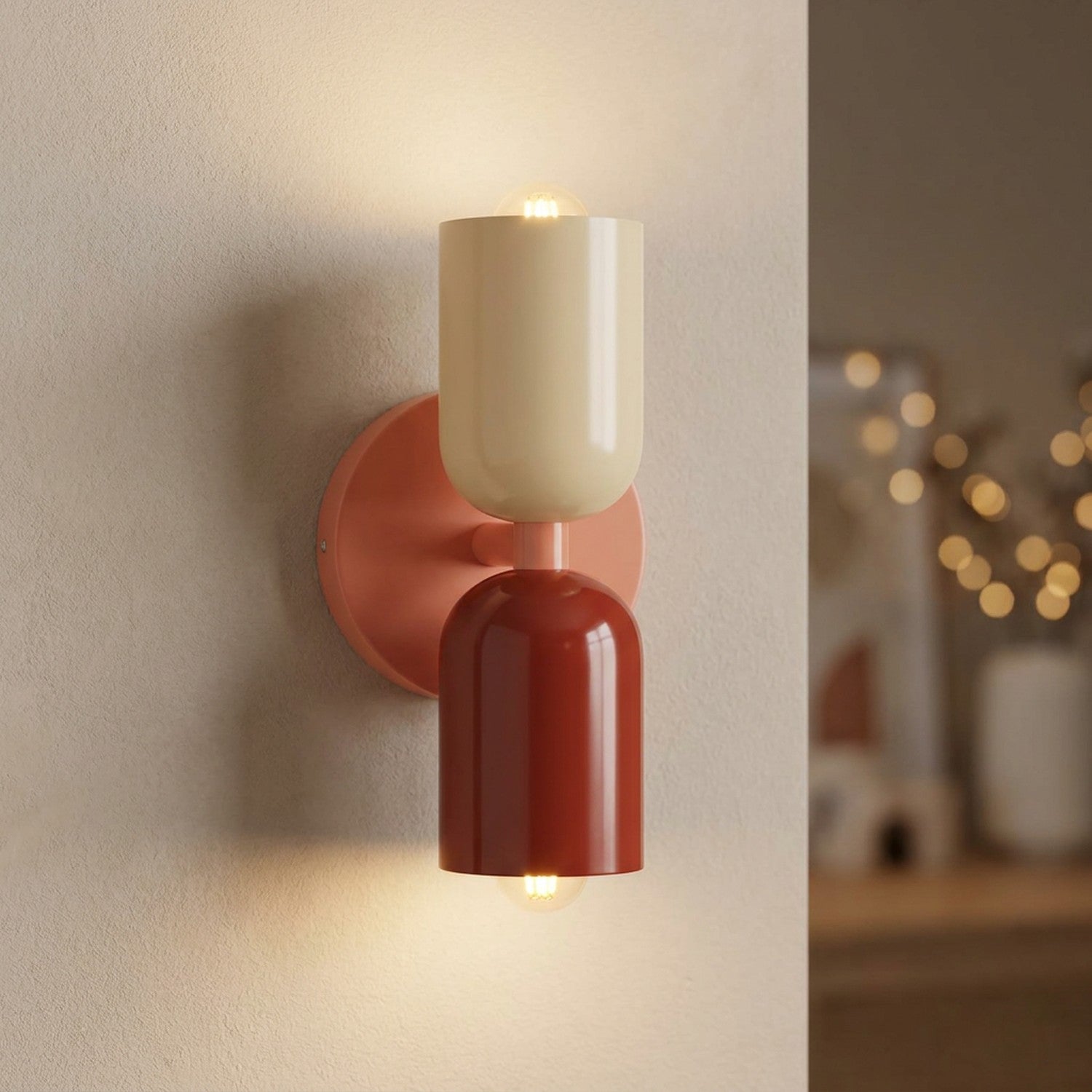 Applique murale LED double tête beige et rouge sur socle rose